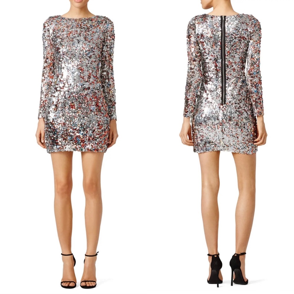 Badgley Mischka Silver Sequin Long-Sleeve Mini Dress
